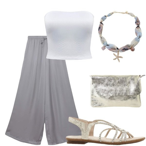 Outfit donna - A cena fuori. Stile Glamour per Serata fuori. Abbinamento con sandali, top, pantaloni, borse a tracolla, collane.