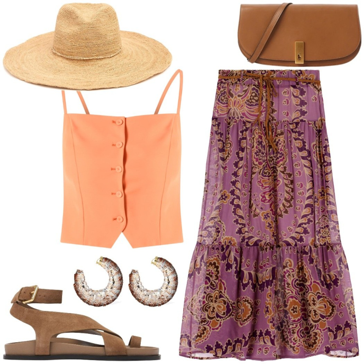 Outfit donna - Passeggiata archeologica. Stile Boho per Tutti i giorni. Abbinamento con canottiere, gonne lunghe, clutch, orecchini, cappelli, sandali in pelle.