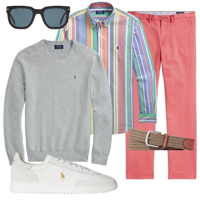 Outfit uomo - Classico con brio. Stile Casual per Tutti i giorni. Abbinamento con maglieria, sneakers, cinture, pantaloni, camicie, occhiali da sole.