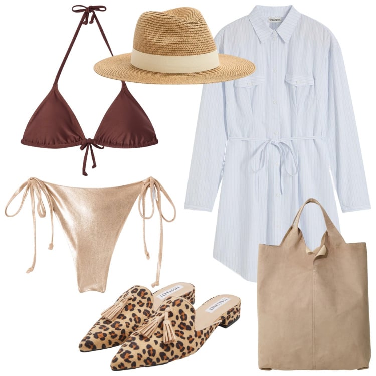 Outfit donna - Beachwear. Stile Trendy per Mare. Abbinamento con vestiti chemisier, sabot, bikini, cappelli, bikini, shopping bag.