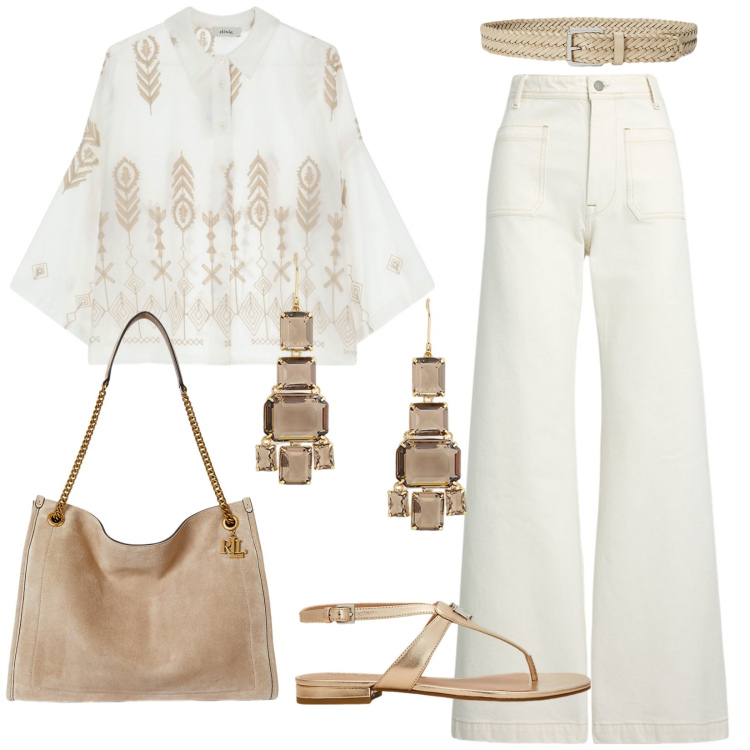Outfit donna - Essenzialmente boho chic. Stile Boho per Serata fuori. Abbinamento con camicie, jeans, borse tote, orecchini, sandali in pelle, cinture.