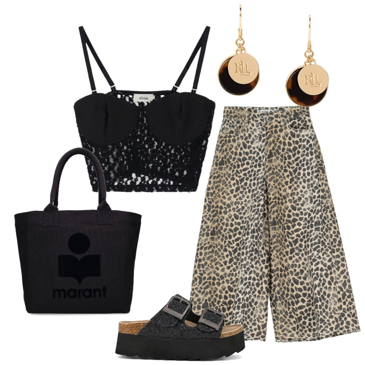 Outfit donna - Giornate calde. Stile Glamour per Tutti i giorni. Abbinamento con pantaloni culotte, top, orecchini, sandali, shopping bag.