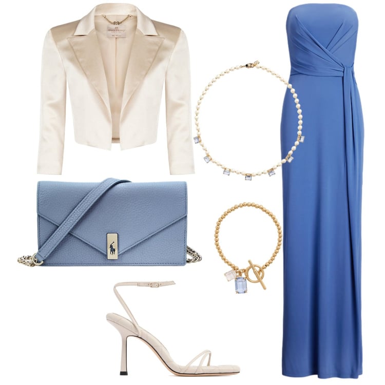 Outfit donna - Matrimonio serale. Stile Glamour per Cerimonia. Abbinamento con bolero, braccialetti, collane, vestiti lunghi, portafogli, sandali in pelle.