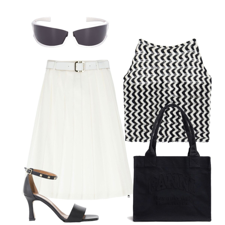 Outfit donna - In città. Stile Minimal per Tutti i giorni. Abbinamento con gonne longuette, sandali col tacco, top, occhiali da sole, shopping bag.