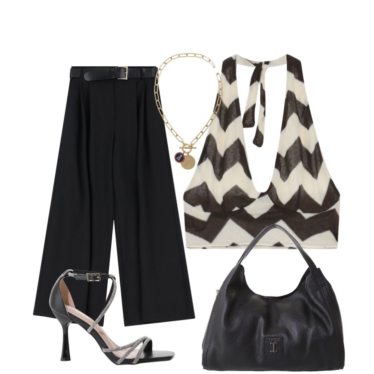 Outfit donna - Il top anni 70. Stile Minimal per Serata fuori. Abbinamento con sandali col tacco, pantaloni a palazzo, pochette, top, ciondoli.