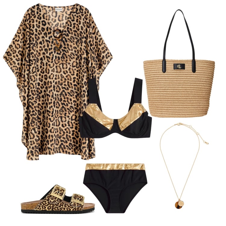 Outfit donna - Carattere d\'oro. Stile Glamour per Mare. Abbinamento con vestiti da spiaggia, bikini, collane, borse tote, sandali in pelle.