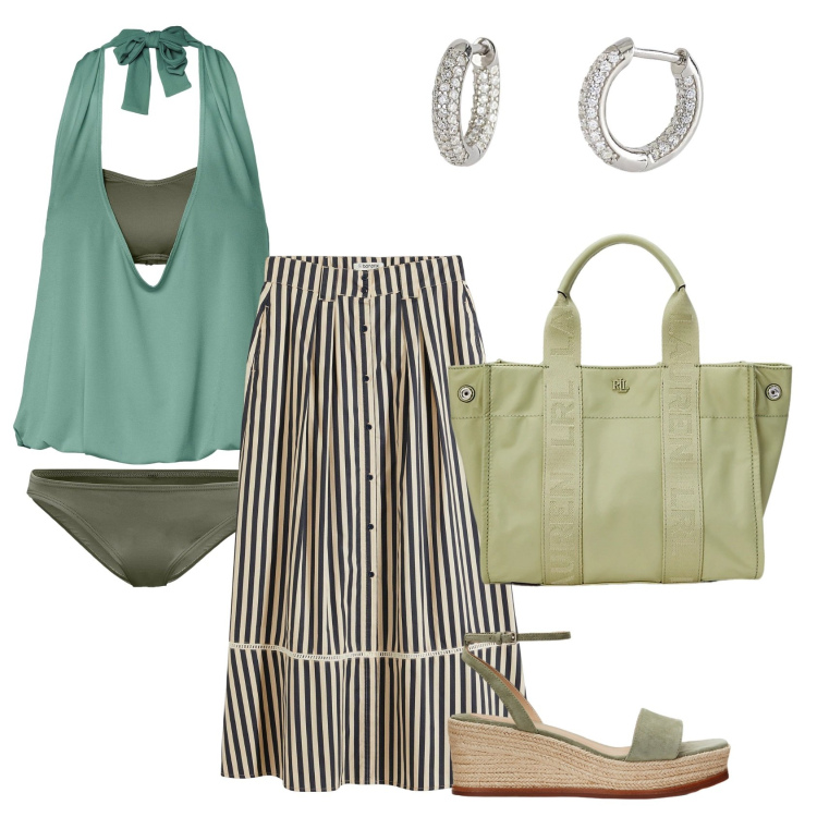 Outfit donna - Total look #2200766. Stile Casual chic per Mare. Abbinamento con costumi interi, gonne lunghe, orecchini, zeppe, borse tote.