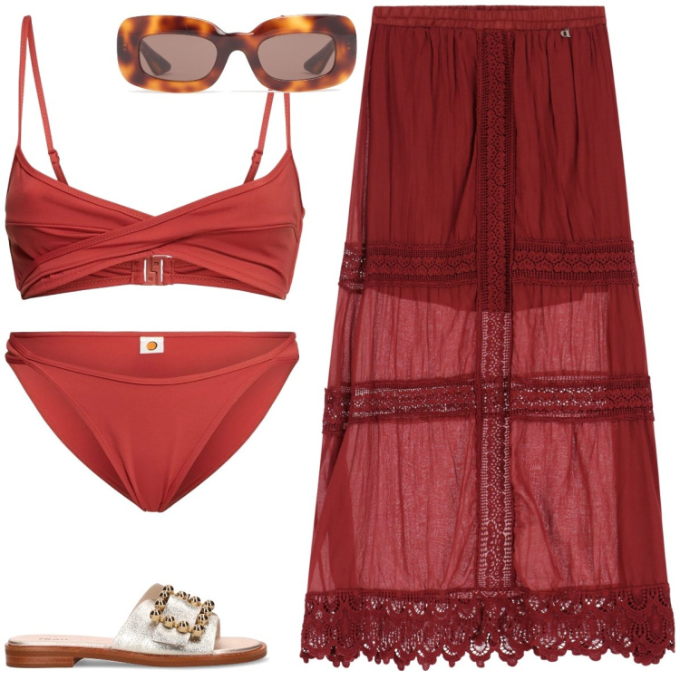 Outfit donna - Total look #2200767. Stile Etnico per Mare. Abbinamento con gonne lunghe, occhiali da sole, bikini, bikini, ciabatte.