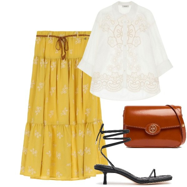 Outfit donna - Maxi gonna con stile. Stile Boho per Tutti i giorni. Abbinamento con gonne lunghe, camicie, sandali in pelle, borse a spalla.