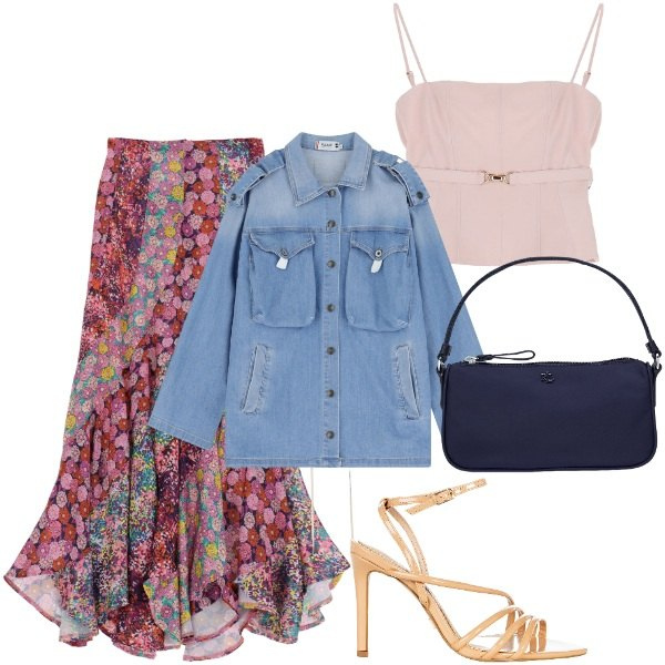 Outfit donna - Maxi gonna da giorno e da sera. Stile Romantica per Serata fuori. Abbinamento con sandali col tacco, blazer, top, gonne lunghe, pochette.