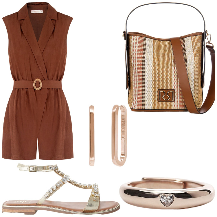 Outfit donna - Total look #2200774. Stile Chic per Tutti i giorni. Abbinamento con tuta corta, borse a secchiello, orecchini, anelli, sandali.