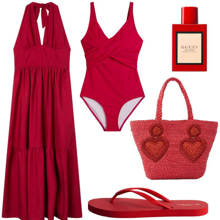 Outfit donna - Woman in Red. Stile Casual chic per Mare. Abbinamento con costumi interi, shopping bag, profumi, infradito, vestiti lunghi, orecchini.