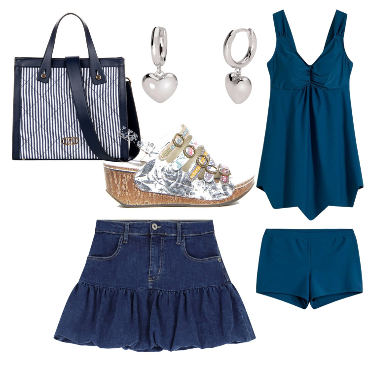 Outfit donna - Total look #2200778. Stile Casual chic per Mare. Abbinamento con costumi interi, orecchini, shopping bag, minigonne, sandali col tacco.