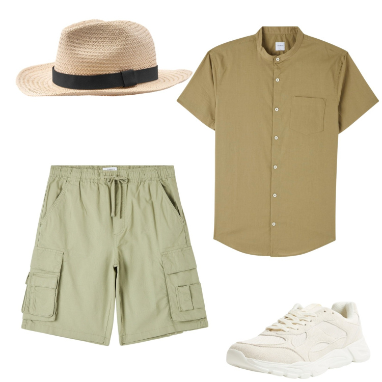 Outfit uomo - Tono su tono. Stile Casual per Tutti i giorni. Abbinamento con camicie a manica corta, pantaloni corti, sneakers, cappelli.