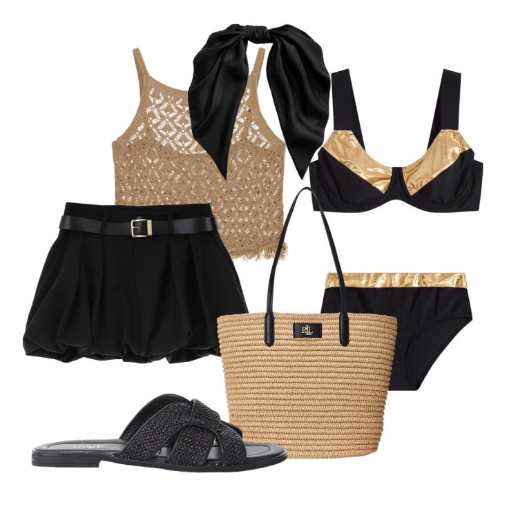 Outfit donna - Total look #2200782. Stile Trendy per Mare. Abbinamento con bikini, borse tote, foulard, minigonne, sandali, top.