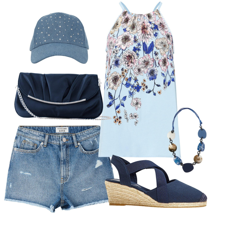 Outfit donna - Blu summer. Stile Trendy per Tutti i giorni. Abbinamento con top, pochette, sandali col tacco, cappelli, shorts, collane.
