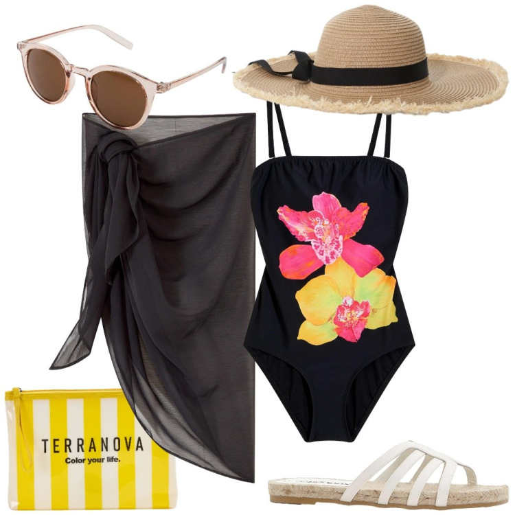Outfit donna - In spiaggia. Stile Casual chic per Mare. Abbinamento con occhiali da sole, vestiti da spiaggia, costumi interi, ciabatte, pochette, cappelli.
