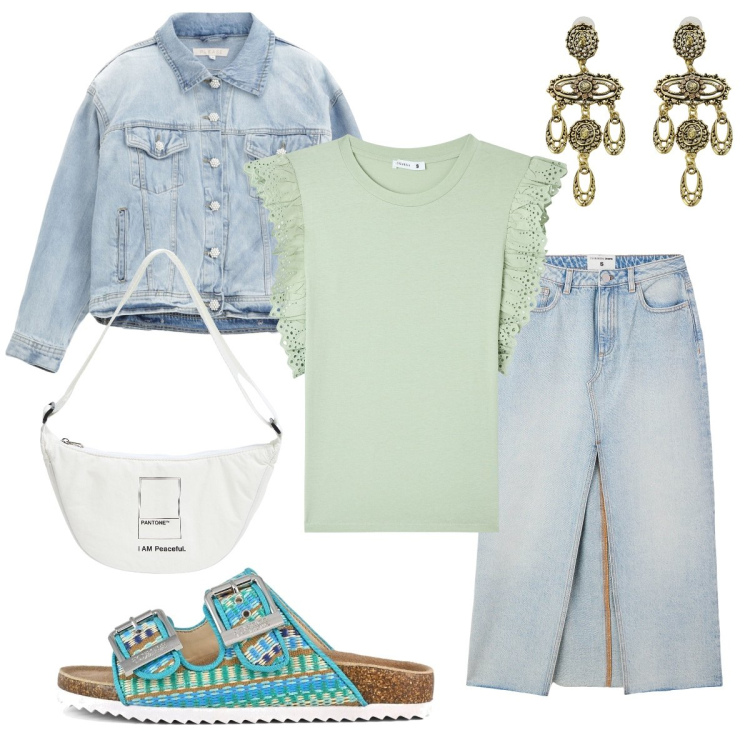 Outfit donna - La gonna lunga in denim. Stile Casual per Tutti i giorni. Abbinamento con t-shirt, marsupi, gonne lunghe, blazer, orecchini, sandali.