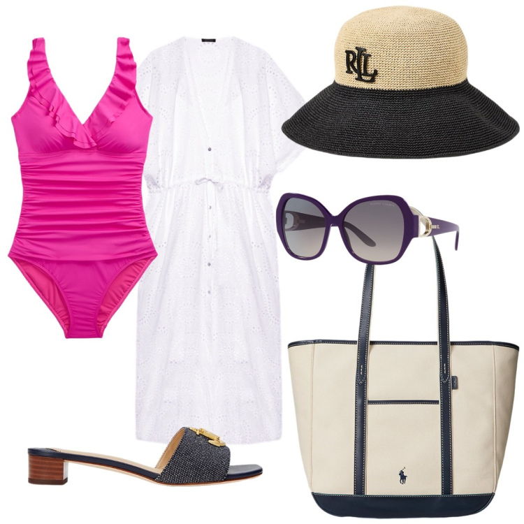 Outfit donna - In costume, con stile. Stile Casual chic per Mare. Abbinamento con borse tote, cappelli, sandali col tacco, costumi interi, occhiali da sole, caftani.