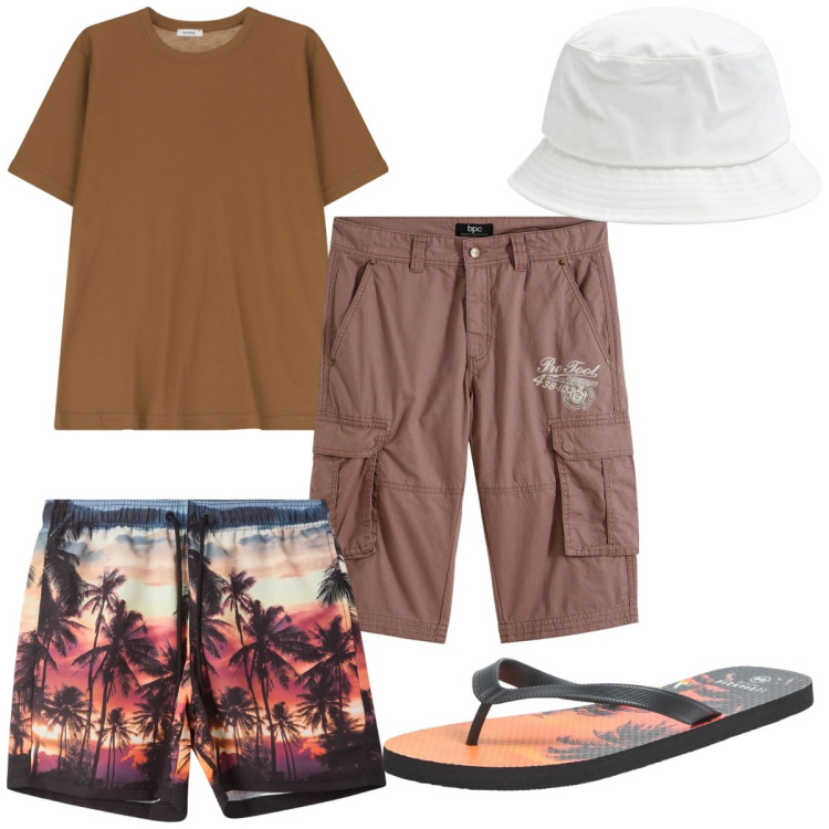 Outfit uomo - Total look #2200796. Stile Trendy per Mare. Abbinamento con bermuda, sandali, costumi, cappelli, t-shirt.