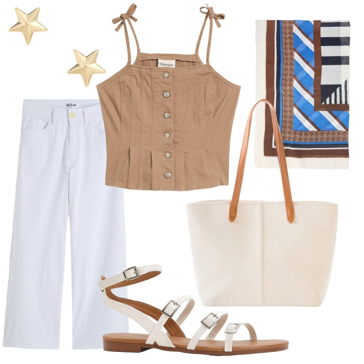 Outfit donna - Il top coi fiocchi. Stile Casual chic per Tutti i giorni. Abbinamento con top, jeans, sandali, shopping bag, orecchini, foulard.