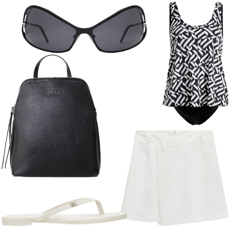 Outfit donna - Miss. Stile Casual per Mare. Abbinamento con costumi interi, zaini, minigonne, ciabatte, occhiali da sole.