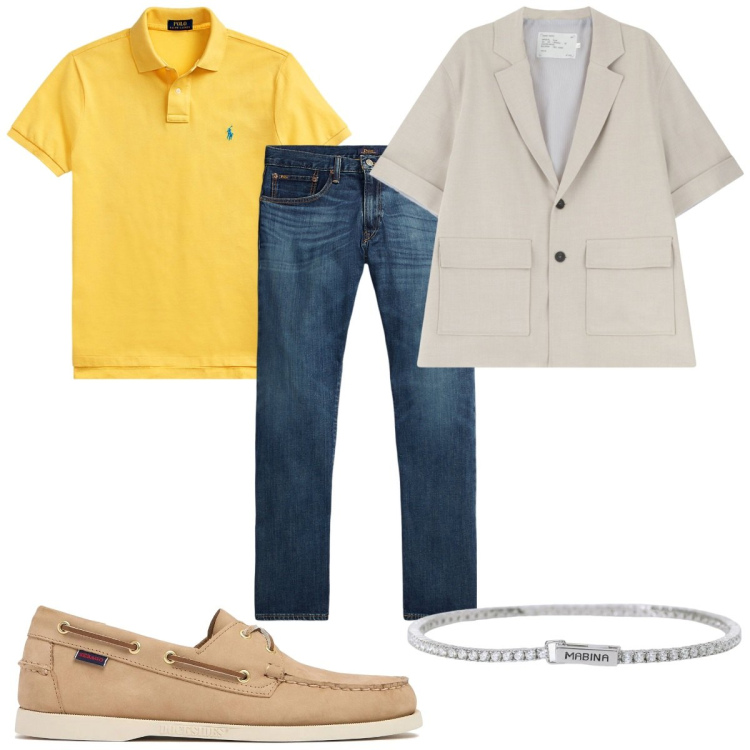 Outfit uomo - Total look #2200805. Stile Casual per Tutti i giorni. Abbinamento con braccialetti, giacche, jeans dritti, polo, scarpe stringate.