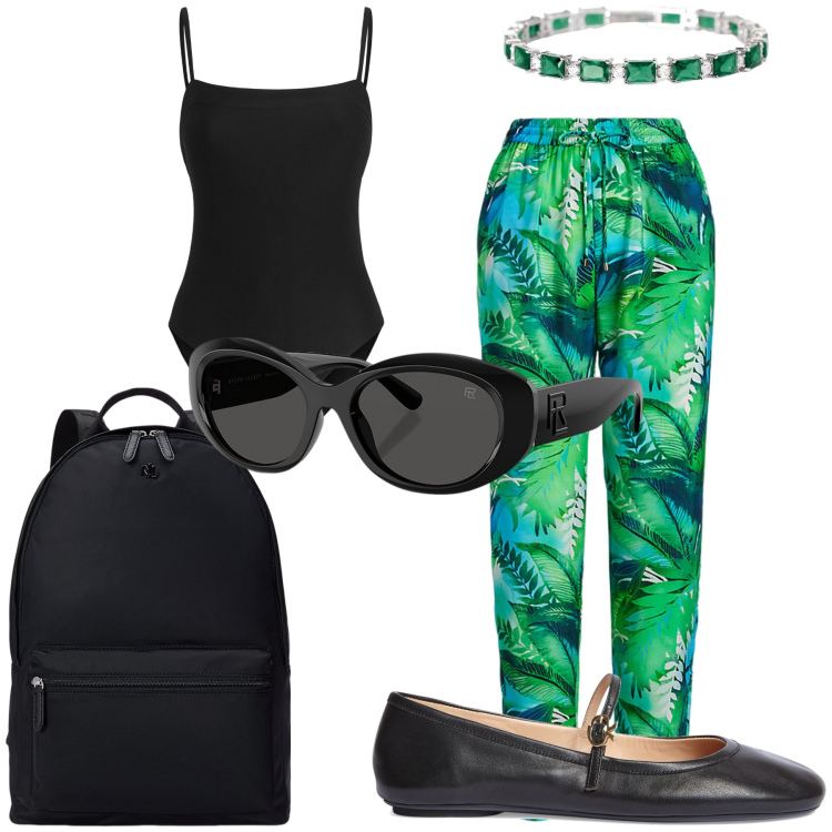 Outfit donna - Il costume nero sempre adatto. Stile Bon Ton per Mare. Abbinamento con braccialetti, zaini, occhiali da sole, vestiti da spiaggia, costumi interi, ballerine.