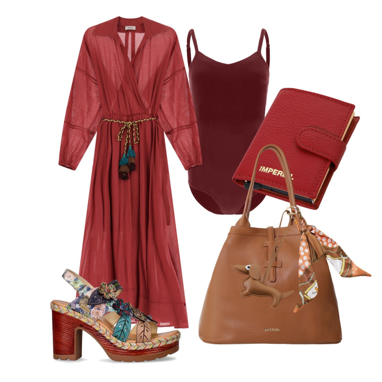 Outfit donna - Total look #2200810. Stile Boho per Serata fuori. Abbinamento con portafogli, borse tote, body, portachiavi, vestiti lunghi, sandali col tacco.