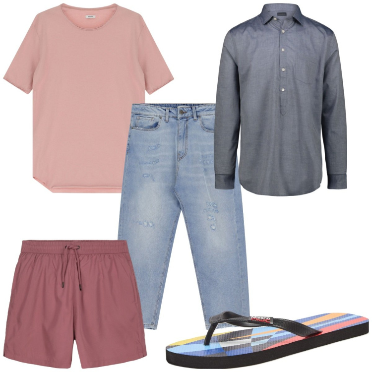 Outfit uomo - Total look #2200811. Stile Trendy per Mare. Abbinamento con sandali, t-shirt, jeans, costumi, camicie.