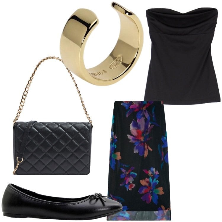 Outfit donna - Eccomi. Stile Chic per Serata fuori. Abbinamento con ballerine, gonne lunghe, borse a tracolla, orecchini, top.