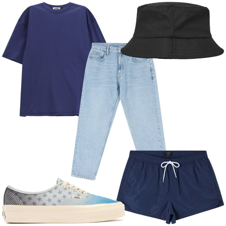 Outfit uomo - Total look #2200814. Stile Trendy per Mare. Abbinamento con costumi, cappelli, t-shirt, jeans, sneakers.