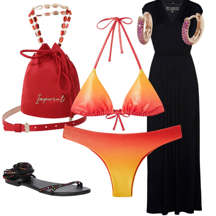 Outfit donna - In costume dalla spiaggia all\'aperitivo. Stile Casual chic per Mare. Abbinamento con vestiti lunghi, bikini, sandali alla schiava, bikini, orecchini, borse a secchiello.