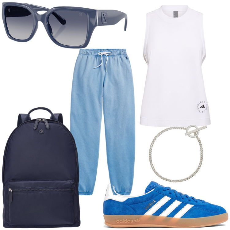 Outfit donna - Sport chic. Stile Sporty chic per Sport. Abbinamento con zaini, occhiali da sole, pantaloni sportivi, braccialetti, top sportivi, sneakers.