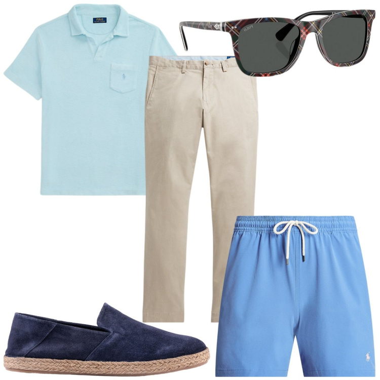 Outfit uomo - Total look #2200826. Stile Trendy per Mare. Abbinamento con costumi, pantaloni, occhiali da sole, polo, espadrillas.