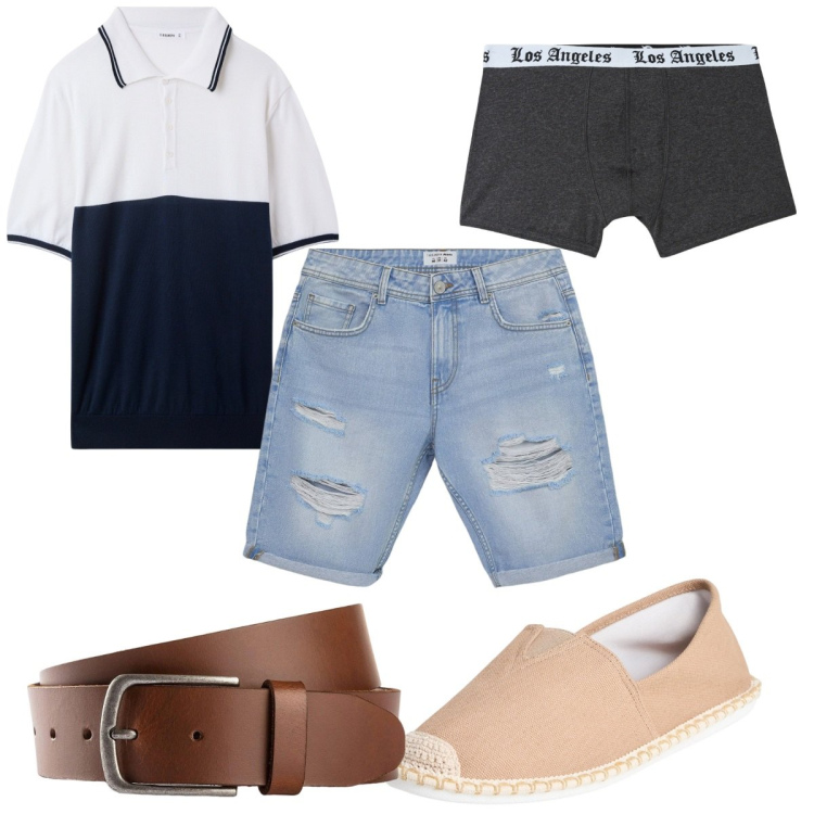 Outfit uomo - Total look #2200831. Stile Trendy per Tutti i giorni. Abbinamento con cinture, espadrillas, bermuda, polo, boxer.