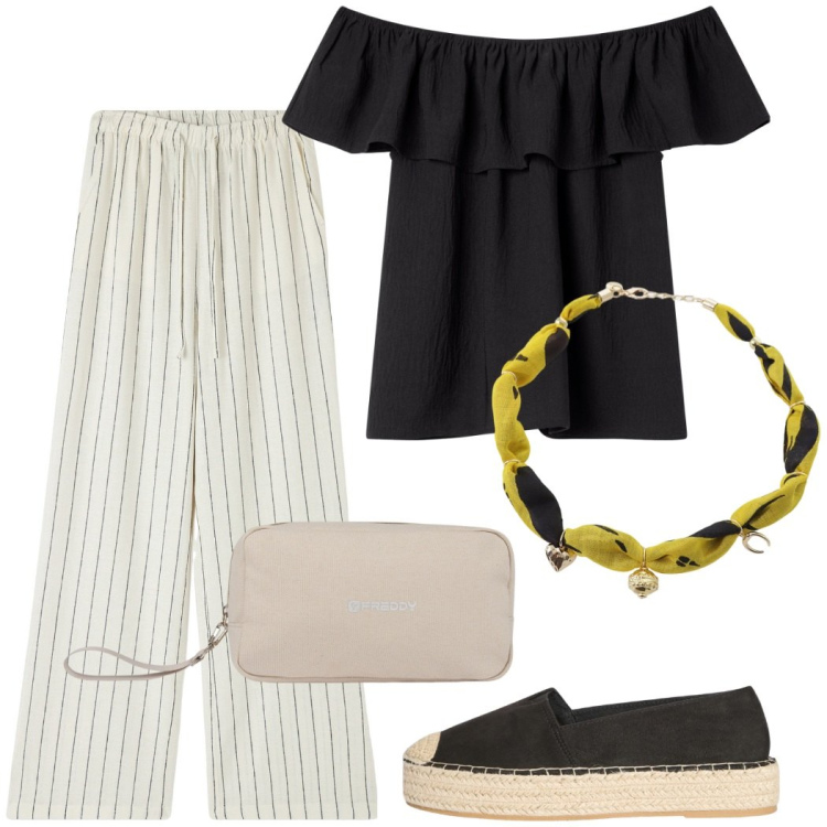 Outfit donna - Total look #2200835. Stile Casual per Tutti i giorni. Abbinamento con bluse, pantaloni, espadrillas, foulard, valigie.