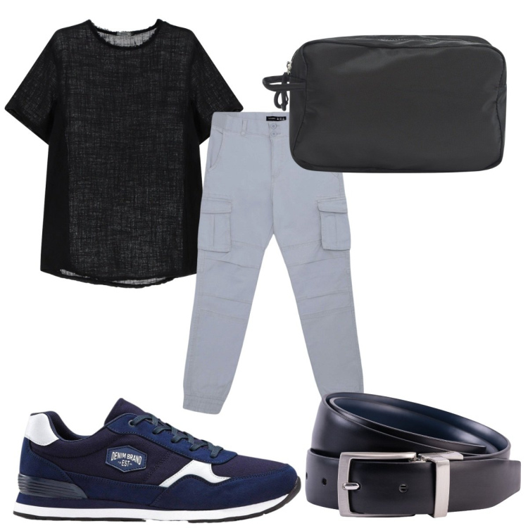 Outfit uomo - Total look #2200840. Stile Trendy per Tutti i giorni. Abbinamento con sneakers, pantaloni cargo, borse sportive, t-shirt, cinture.