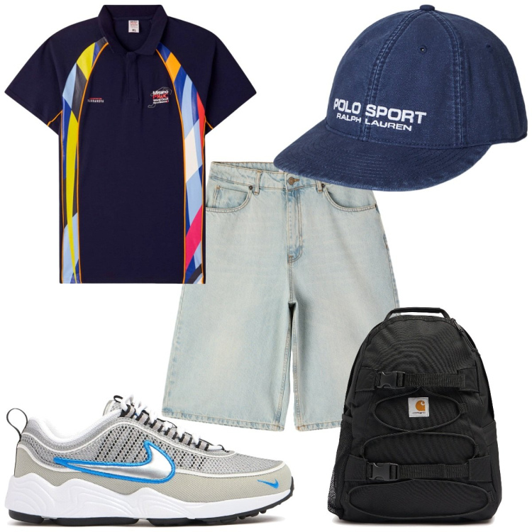 Outfit uomo - Total look #2200842. Stile Trendy per Tutti i giorni. Abbinamento con polo, bermuda, berretti, borse sportive, sneakers.