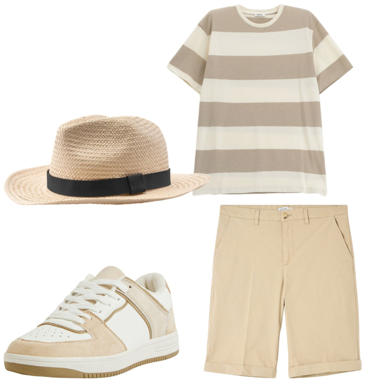 Outfit uomo - Righe e relax. Stile Casual per Tutti i giorni. Abbinamento con bermuda, sneakers, t-shirt, cappelli.