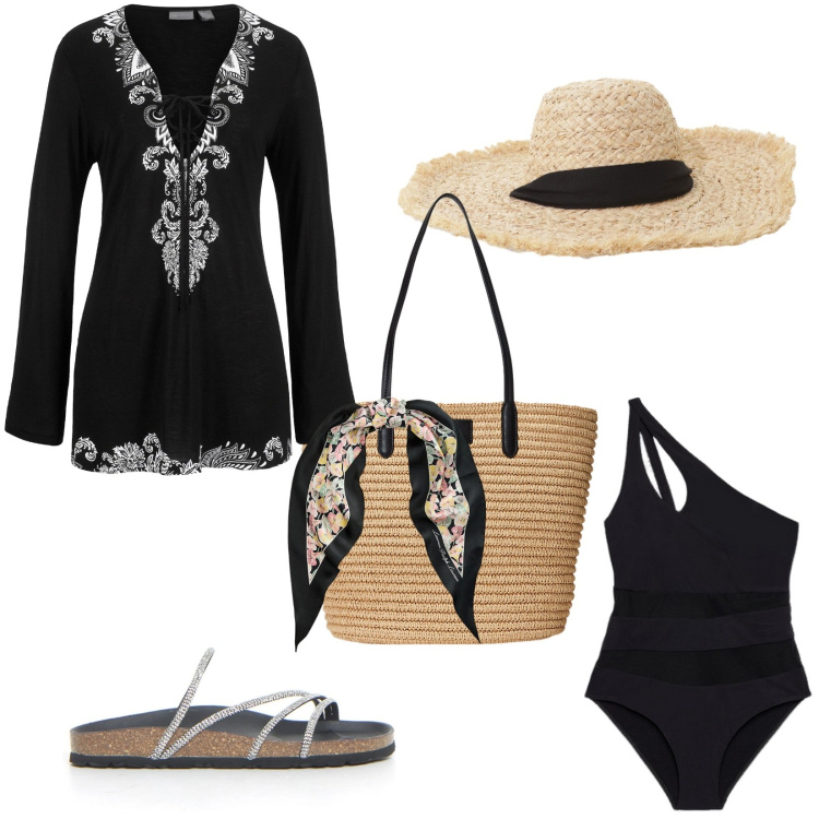 Outfit donna - Chic anche in spiaggia. Stile Chic per Mare. Abbinamento con vestiti da spiaggia, cappelli, borse tote, foulard, costumi interi, ciabatte.