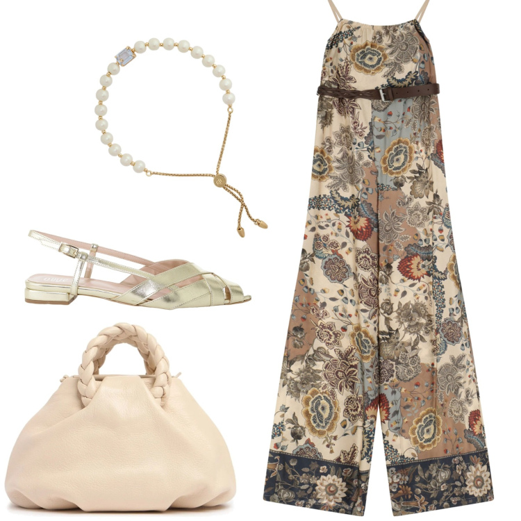Outfit donna - Estate. Stile Glamour per Tutti i giorni. Abbinamento con braccialetti, tute, sandali, borse a mano.