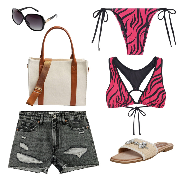 Outfit donna - Perfetta anche in spiaggia. Stile Casual chic per Mare. Abbinamento con occhiali da sole, ciabatte, shorts, shopping bag, bikini, bikini.