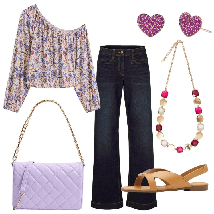 Outfit donna - Blusa viola. Stile Casual per Tutti i giorni. Abbinamento con jeans, sandali, bluse, borse a tracolla, orecchini, collane.