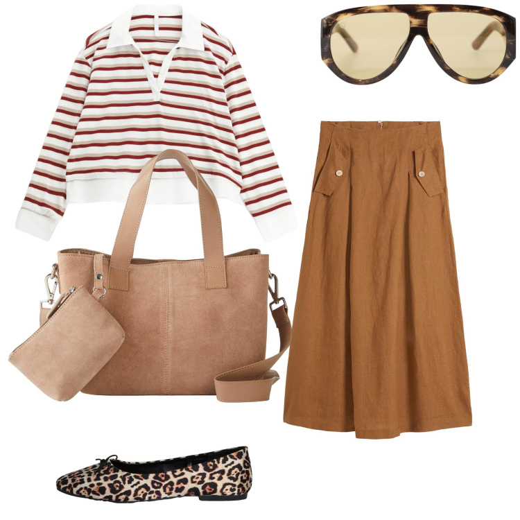 Outfit donna - Citta ‘ d estate. Stile Urban per Tutti i giorni. Abbinamento con gonne, borse a mano, ballerine, maglieria, occhiali da sole.
