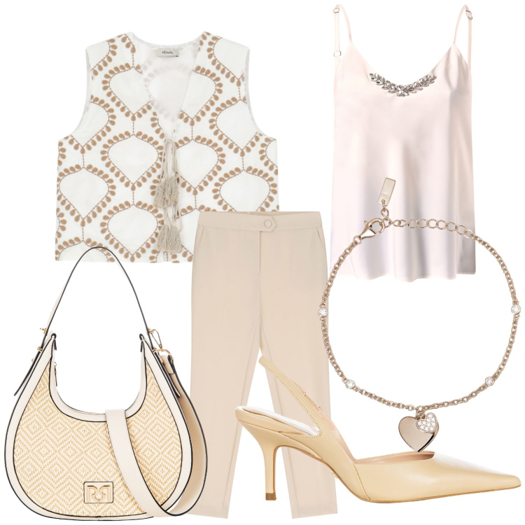 Outfit donna - Cena elegante. Stile Chic per Serata fuori. Abbinamento con borse a mano, décolleté, top, braccialetti con ciondoli, pantaloni, gilet.