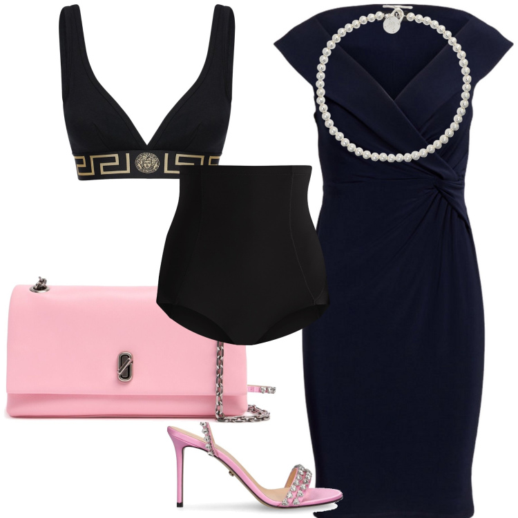 Outfit donna - Accessori rosa sul tubino nero. Stile Chic per Serata fuori. Abbinamento con culotte, collane, vestiti, pochette, reggiseni, sandali in pelle.