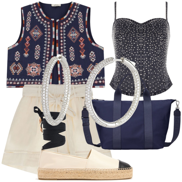 Outfit donna - Gilet etnico look fresco. Stile Etnico per Tutti i giorni. Abbinamento con orecchini, top, gilet, shorts, borse tote, espadrillas.