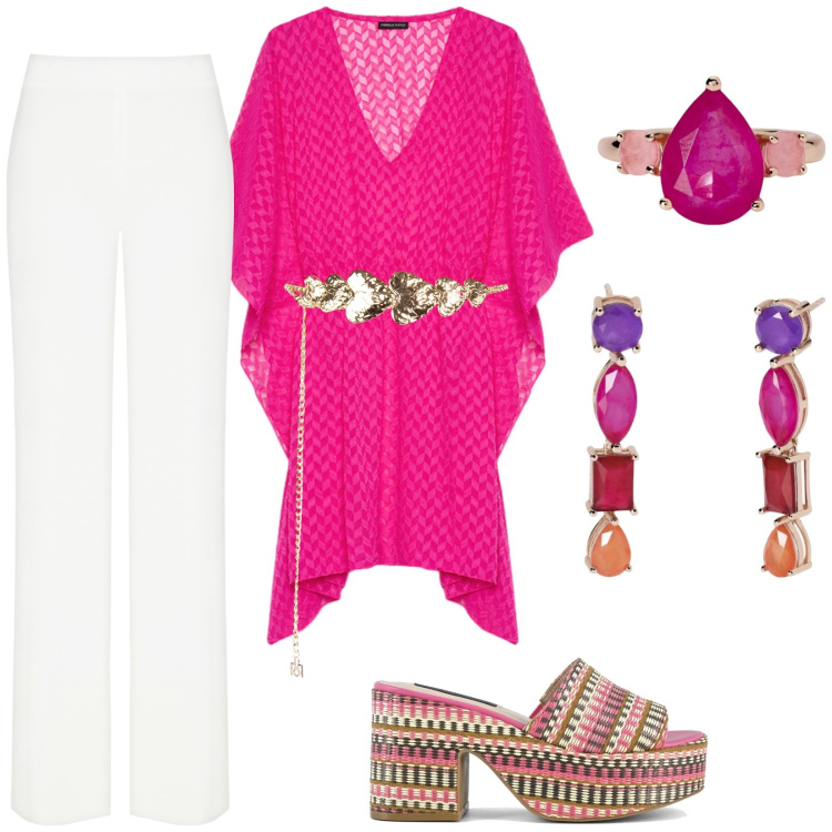 Outfit donna - Fucsia vibrante. Stile Casual chic per Tutti i giorni. Abbinamento con cinture, pantaloni a palazzo, orecchini, anelli, caftani, zeppe.