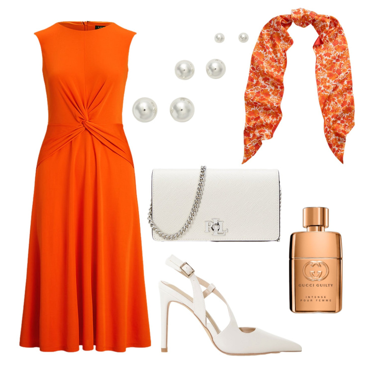 Outfit donna - Cerimonia d’estate. Stile Chic per Cerimonia. Abbinamento con profumi, décolleté, orecchini, vestiti, sciarpe, borse a tracolla.